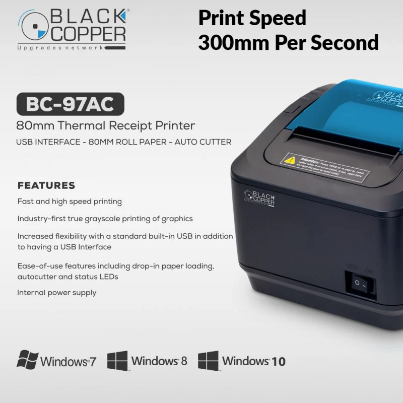 Black Copper BC-97AC Thermal Receipt Printer | 300mm/s High-Speed Printing | Auto Cutter | USB Interface | 72mm Print Width | Direct Thermal | Cash Drawer Output